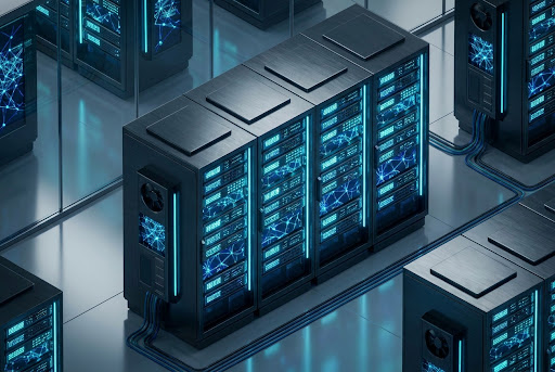 Professional 3D render of a futuristic enterprise server rack, dark metallic textures with glowing cyan and deep blue neural network lighting effects